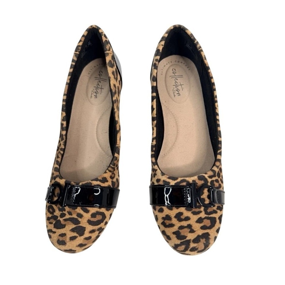 Clarks Collection Women's 7M Leopard Wedge Pumps Black Patent Comfort Shoes